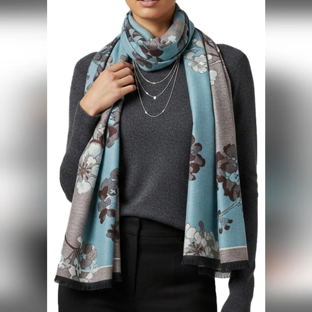 SAACHI BOTANICAL REVERSIBLE PRINT SCARF /SIZE:ONE SIZE /LIGHT BLUE